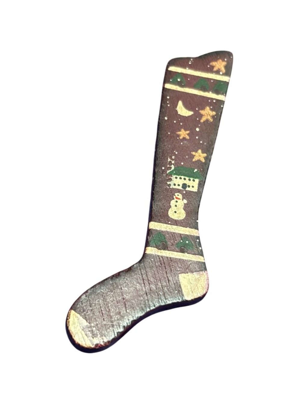 Wooden Christmas Stocking Sock Brooch Pin Hand Painted 3.5 inches